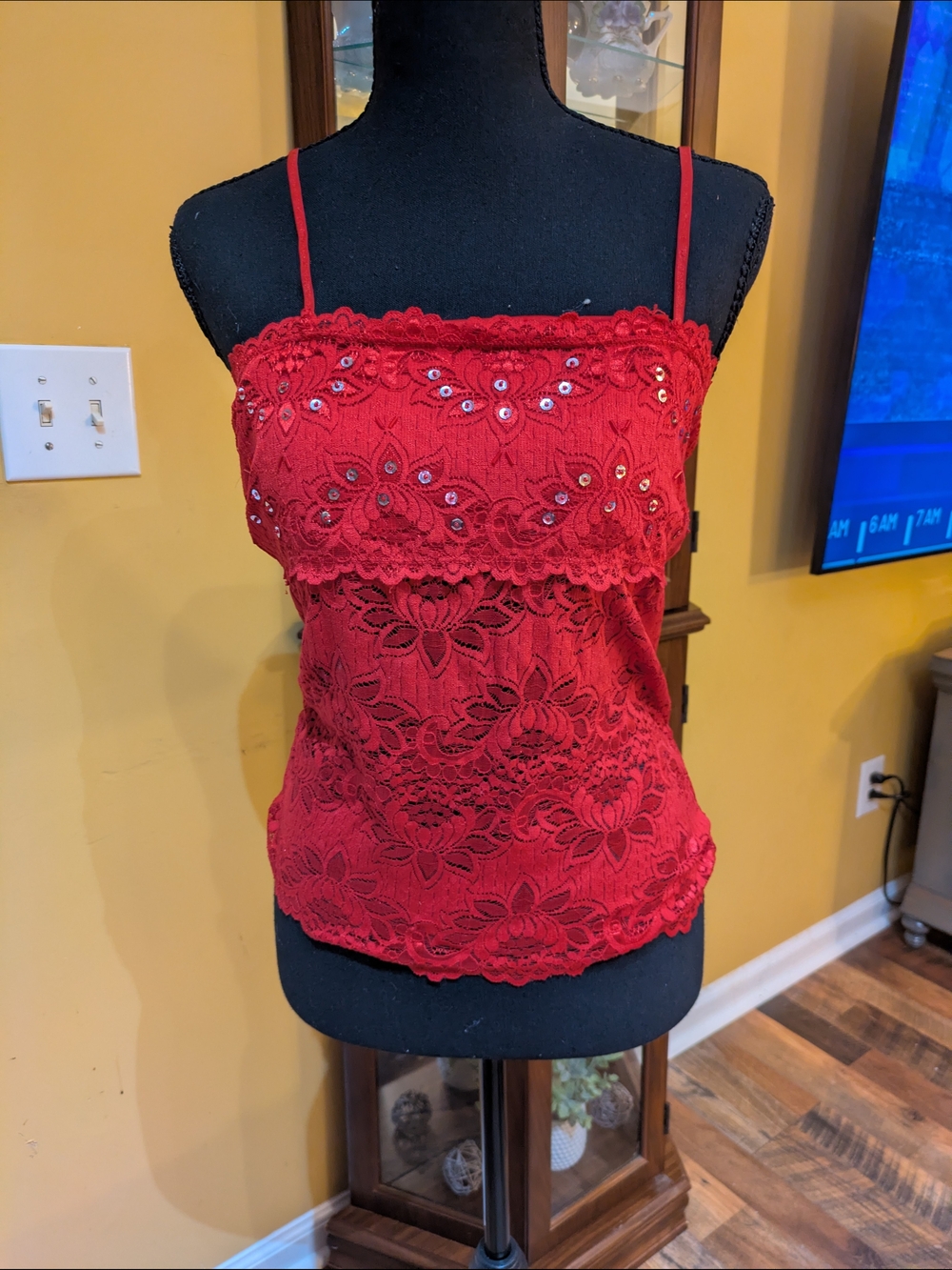 Red Lace Camisole Tank Top with Sequins